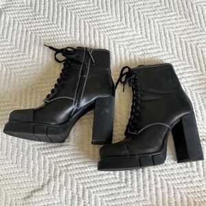 Zara Woman Black Leather Platform Chunky Heeled Boots, 41